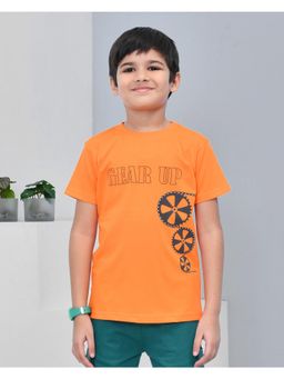YOUMAA - Boys Cotton Printed Half Sleeve Round Neck Orange T-Shirt
