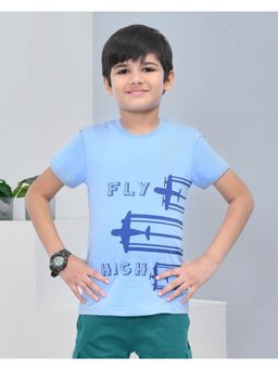 YOUMAA - Boys Cotton Printed Half Sleeve Round Neck Light Blue T-Shirt