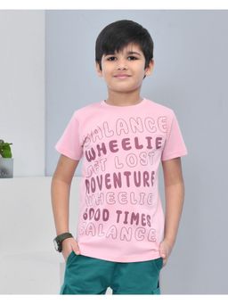 YOUMAA - Boys Cotton Typography Half Sleeve Round Neck Blush Pink T-Shirt