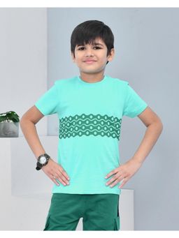 YOUMAA - Boys Cotton Abstract Half Sleeve Round Neck Aqua Green T-Shirt