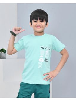 YOUMAA - Boys Cotton Graphic Half Sleeve Round Neck Mint Green T-Shirt
