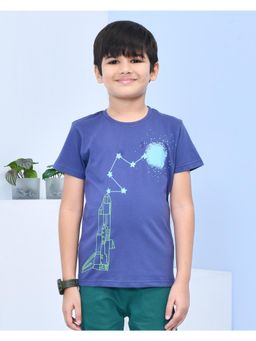 YOUMAA - Boys Cotton Graphic Half Sleeve Round Neck Oxford Blue T-Shirt