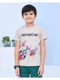 YOUMAA - Boys Cotton Graphic Half Sleeve Round Neck Beige T-Shirt