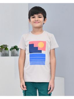 YOUMAA - Boys Cotton Abstract Half Sleeve Round Neck Beige T-Shirt