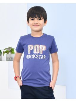 YOUMAA - Boys Cotton Graphic Half Sleeve Round Neck Oxford Blue T-Shirt