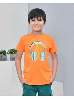 YOUMAA - Boys Cotton Printed Half Sleeve Round Neck Orange T-Shirt