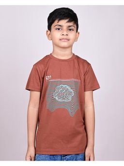 YOUMAA - Boys Cotton Abstract Half Sleeve Round Neck Maple Brown T-Shirt