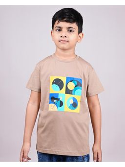 YOUMAA - Boys Cotton Abstract Half Sleeve Round Neck Dark Beige T-Shirt