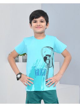 YOUMAA - Boys Cotton Printed Half Sleeve Round Neck Turquoise Blue T-Shirt
