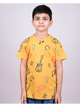 YOUMAA - Boys Cotton Printed Half Sleeve Round Neck Apricot Yellow T-Shirt