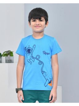 YOUMAA - Boys Cotton Printed Half Sleeve Round Neck Malibu Blue T-Shirt