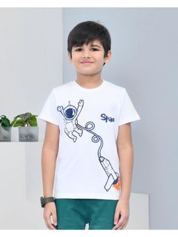 YOUMAA - Boys Cotton Printed Half Sleeve Round Neck White T-Shirt