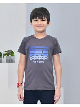 YOUMAA - Boys Cotton Abstract Half Sleeve Round Neck Charcoal Grey T-Shirt