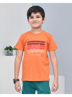 YOUMAA - Boys Cotton Abstract Half Sleeve Round Neck Rust T-Shirt