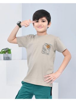 YOUMAA - Boys Cotton Abstract Half Sleeve Round Neck Khaki T-Shirt