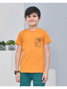 YOUMAA - Boys Cotton Abstract Half Sleeve Round Neck Mustard T-Shirt