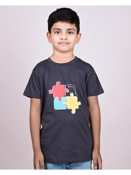 YOUMAA - Boys Cotton Abstract Half Sleeve Round Neck Charcoal Grey T-Shirt