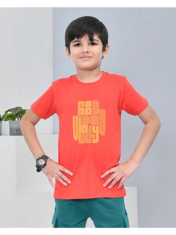 YOUMAA - Boys Cotton Typography Half Sleeve Round Neck Red T-Shirt