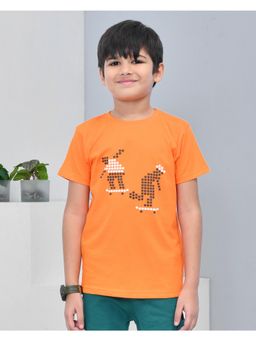YOUMAA - Boys Cotton Printed Half Sleeve Round Neck Orange T-Shirt