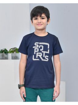 YOUMAA - Boys Cotton Printed Half Sleeve Round Neck Navy Blue T-Shirt