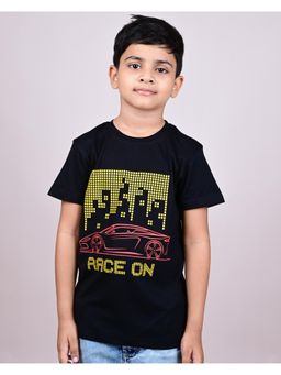 YOUMAA - Boys Cotton Printed Half Sleeve Round Neck Black T-Shirt