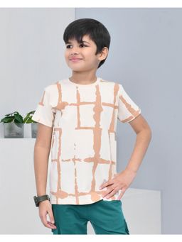 YOUMAA - Boys Cotton Abstract Half Sleeve Round Neck Beige T-Shirt