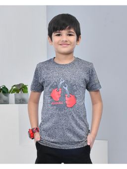 YOUMAA - Boys Cotton Printed Half Sleeve Round Neck Charcoal Grey T-Shirt