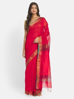 Fabindia - Red Maheshwari Cotton Silk Stitched Saree without Blouse