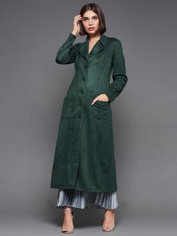 Miss Chase - Women's Dark Green V-Neck Patched Pocketed Longline Winter Wear Jacket