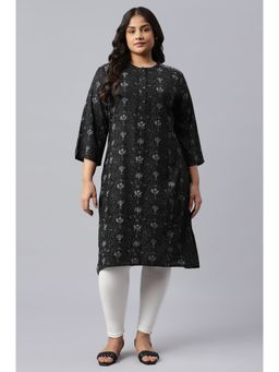 W - Black Floral Print Kurta With Shoulder Panels