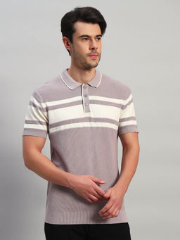 Cantabil - Men Striped Light Purple Casual Polo T-Shirt