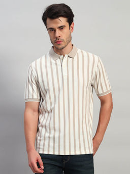 Cantabil - Men Striped Beige Casual Polo T-Shirt