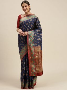 Sangam Prints - Navy Blue Silk Woven Work Traditional Saree with Unstitched Blouse