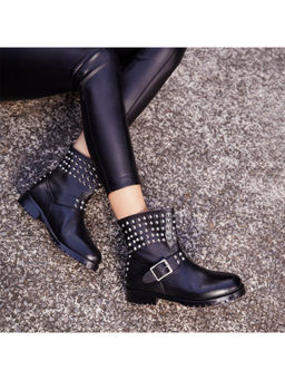Saint G - Womens Metal Studded Black Leather Biker Boots