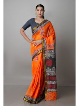 Unnati Silks - Orange Pure Block Printed Kota Cotton Saree with Unstitched Blouse