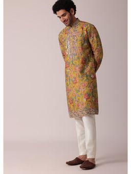 KALKI FASHION - Yellow Floral Printed Silk Kurta (Set of 2)