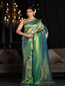 Beatitude - Blue and Green Nylon Silk Woven Saree with Unstitched Blouse