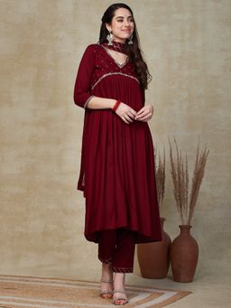 FASHOR - Solid Embroidered Kurta with Pants & Dupatta - Maroon (Set of 3)