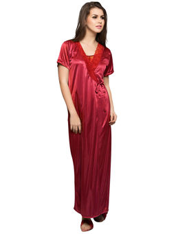 Clovia - Satin Robe In Maroon (One Size)