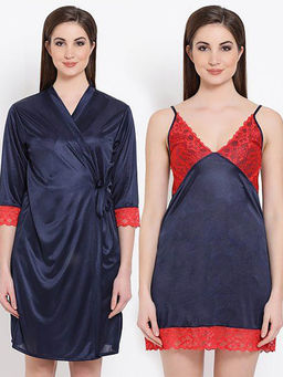 Clovia - SatIn Short Nighty & Robe - Blue (Free Size) (Free Size)