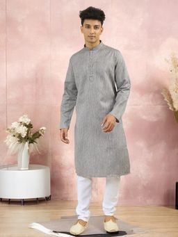 TATTVA - Mandarin Collar Regular Kurta with Pyjama Grey (Set of 2)