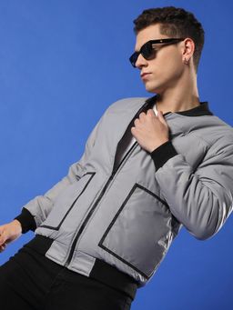 Campus Sutra - Men Light Grey Zip Front Puffer Jacket with Contrast Detail