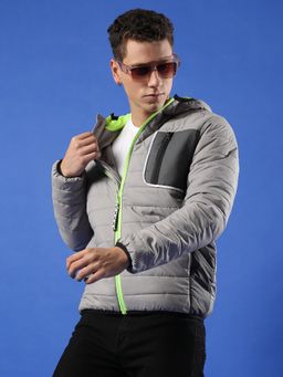 Campus Sutra - Men Light Grey Puffer Jacket with Contrast Zipper