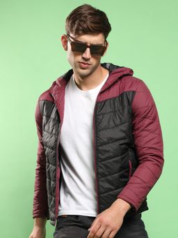 Campus Sutra - Men Black & Maroon Micro Checkered Quilted Puffer Jacket