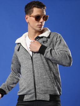 Campus Sutra - Men Light Grey Heathered Jacket with Fleece Detail