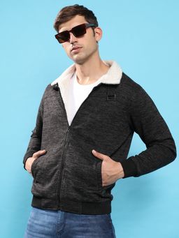 Campus Sutra - Men Charcoal Grey Heathered Jacket with Fleece Detail