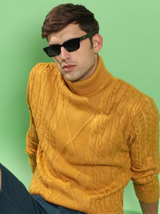 Buy Campus Sutra Men Mustard Yellow Relaxed Cable Knit Pullover