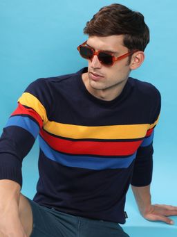 Campus Sutra - Men Navy Blue Contrast Panel Pullover Sweater