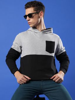 Campus Sutra - Men Black & Grey Pullover Hooded Sweatshirt with Patch Pocket