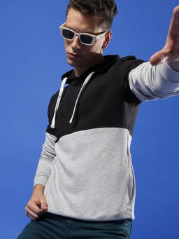 Campus Sutra - Men Black & Grey Colourblocked Hooded Sweatshirt with Kangaroo Pocket